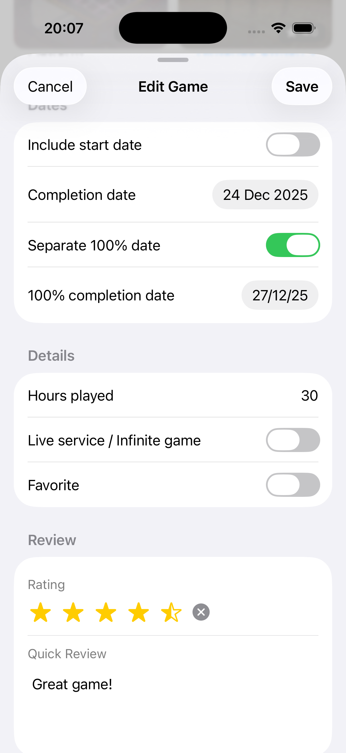 Print dos detalhes do jogo